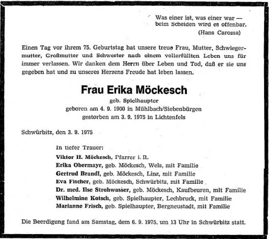 Spielhaupter Erika 1900-1975 Todesanzeige